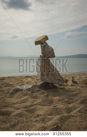 Amazing Pyramid Of Stones On The Beach In Schinias, Attica, Greece