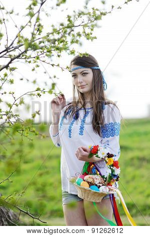 Slavic Girl In Ukrainian Shirt With Easter Baskets In Their Hands