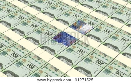 Swiss franc with mexican pesos bills stacks background.