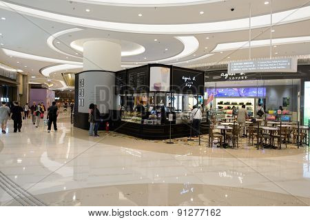 HONG KONG - APRIL 23, 2015: The PopCorn Shopping Malll interior. Hong Kong shopping malls are some of the biggest and most impressive in the world.