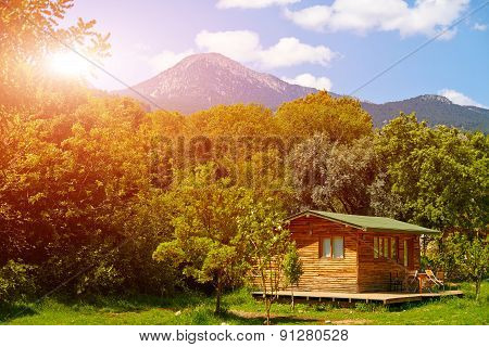 Wooden bungalows on campsite