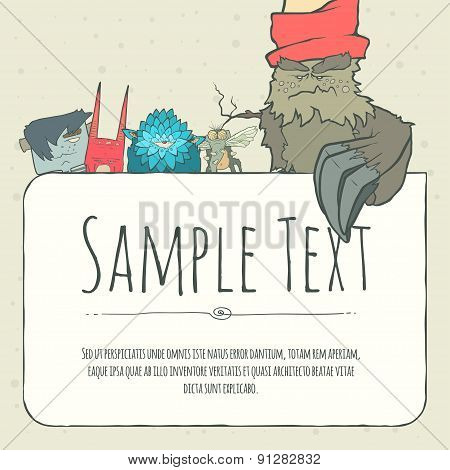 Cute doodle monster greeteng or invitation card with place for your text.