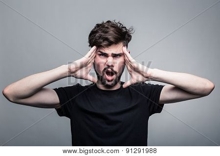 Man feeling pain,  with gray background