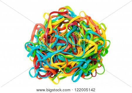 tangled different colored pasta. multicolored pasta isolated on white background