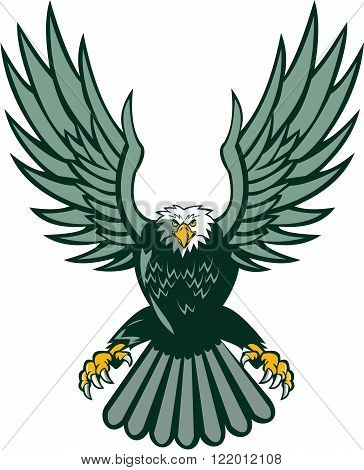 Illustration of a bald eagle with spread wings swooping viewed from front set on isolated white background done in retro style.