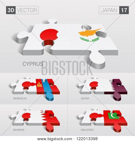 Japan and Cyprus, Mongolia, Qatar, Bahrain, Maldives Flag. 3d vector puzzle. Set 17.