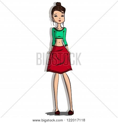 Cute Colorful Hand Drawn Fashion Illustration with a Beautiful Woman Wearing Stylish Designer Clothes
