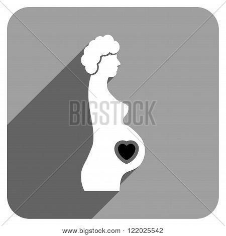 Pregnant Female long shadow vector icon. Style is a flat pregnant female iconic symbol on a gray square background.