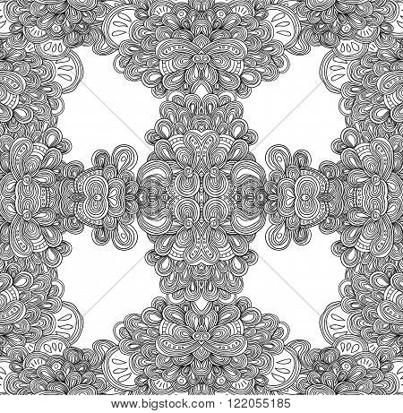 Seamless vector pattern in white and black colors with red background. Can be used as adult coloring book, coloring page.