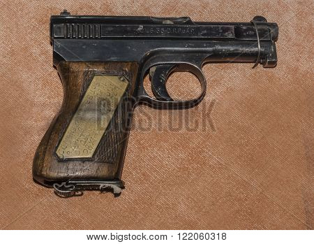 MOSCOW RUSSIA- DECEMBER 16- 6.35-mm pistol Mauser sample 1910/1934's Germany at the Central Museum of the armed forces on December 16; 2015 in Moscow