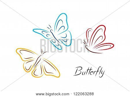 Color Butterfly. Three colored isolated handrawm simple butterflies.