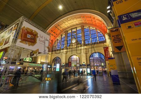 Illuminated Train Station At Night During Luminale  In Frankfurt