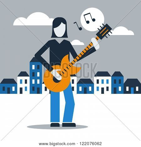 Street guitarist under moonlight, flat design illustration