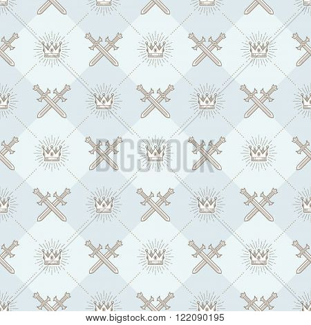 Vector seamless background with crossed swords and sunburst royal crown - pattern for wallpaper, wrapping paper, book flyleaf, envelope inside, etc.