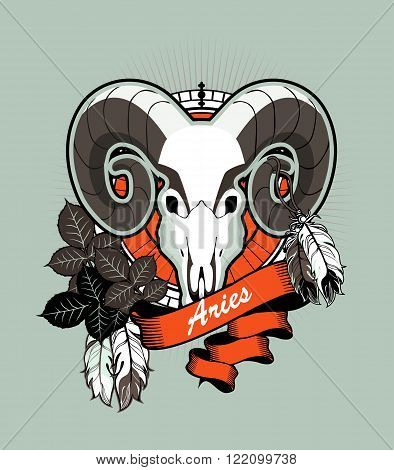 vector illustration zodiac sign Aries emblem vintage frame with feathers