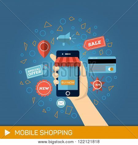 Hand with phone buy. Mobile payments. Flat vector illustration