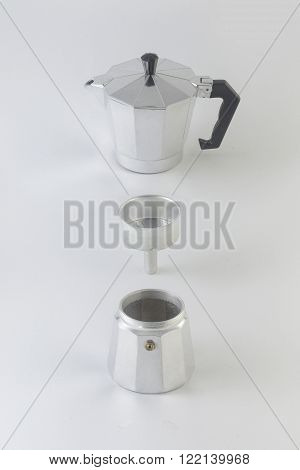 Exploded view of a moka pot on background white