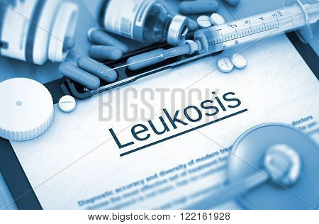 Leukosis - Printed Diagnosis with Blurred Text. Leukosis Diagnosis, Medical Concept. Composition of Medicaments. Leukosis, Medical Concept with Selective Focus. 3D.