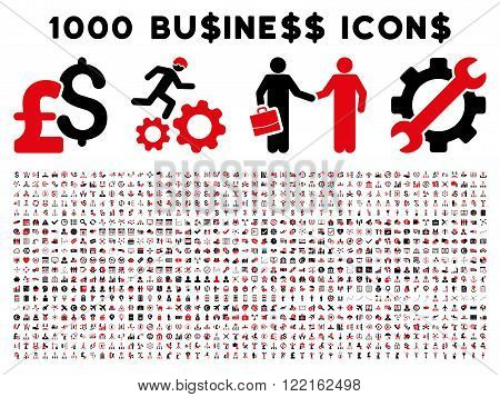 1000 Business vector icons. Pictogram style is bicolor intensive red and black flat icons on a white background. Pound and dollar currency icons are used