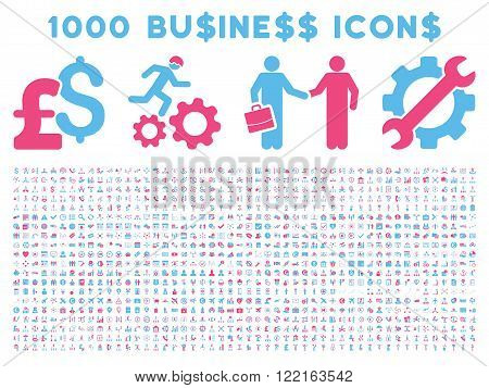 1000 Business vector icons. Pictogram style is bicolor pink and blue flat icons on a white background. Pound and dollar currency icons are used