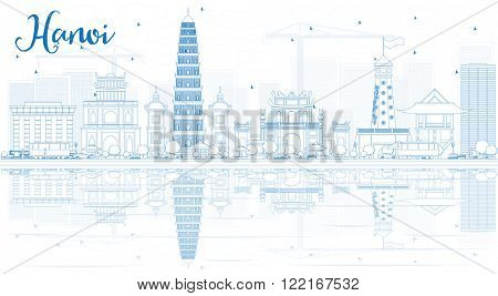 Outline Hanoi skyline with blue Landmarks and reflections. Vector illustration. Business and tourism concept with copy space. Image for presentation, banner, placard or web site