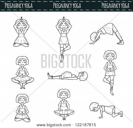 Set of hand drawn pregnant women on pregnancy yoga theme
