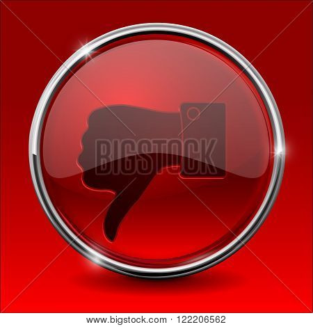 Thumb down icon. Red round shiny button. Vector illustration