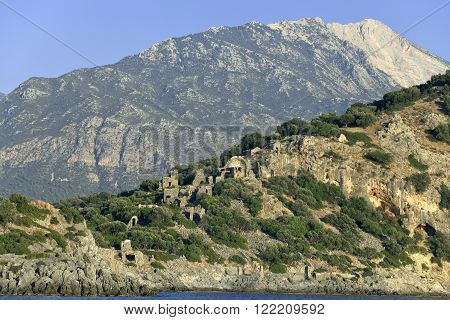 Gemiler Island with church of St. Nicholas, Fethiye, Turkey