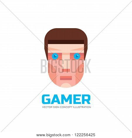 Gamer - vector logo concept illustration in flat style design. Human head logo sign. Human face logo sign. Geek logo icon. Human cartoon head illustration. Vector logo template. Design element.