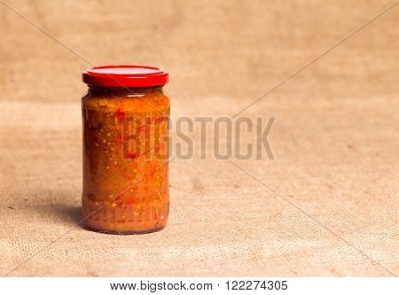 A traditional Romanian cooked preserve from various vegetables named zacusca