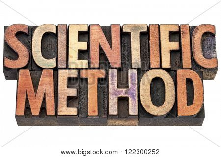 research and scientific method typography in vintage letterpress wood type printing blocks stained by color inks