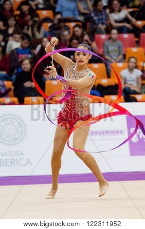 MOSCOW RUSSIA - FEBRUARY 20 2016: Karla Diaz Arnal Mexico on Rhythmic gymnastics Alina Cup Grand Prix Moscow - 2016 on February 20 2016 in Moscow Russia