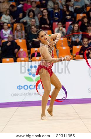 MOSCOW RUSSIA - FEBRUARY 20 2016: Karla Diaz Arnal Mexico on Rhythmic gymnastics Alina Cup Grand Prix Moscow - 2016 on February 20 2016 in Moscow Russia