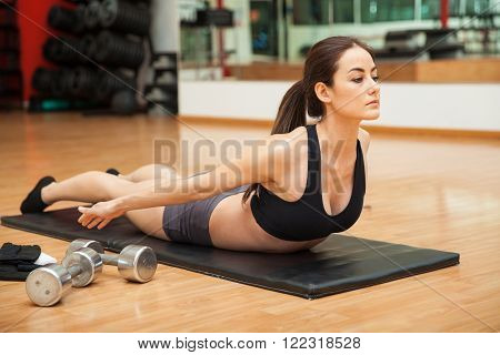 Portrait of a young woman focusing on her workout and doing some reverse back curl crunches at a gym