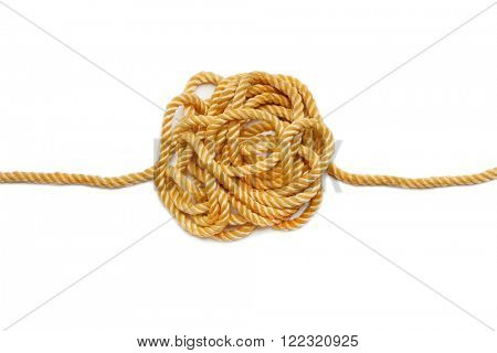 Big knot on hemp rope isolated on white background. Industrial background.