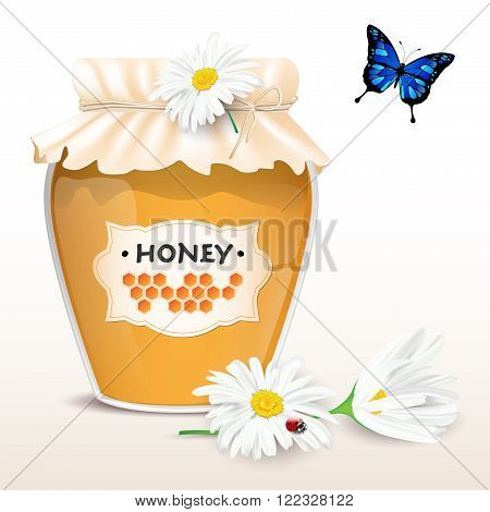 Honey in glass with flowers and butterfly - vector illustration