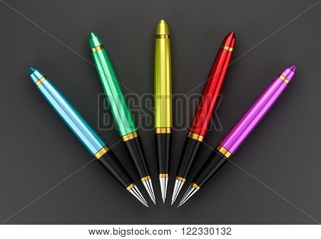 five colorful pens on a dark background
