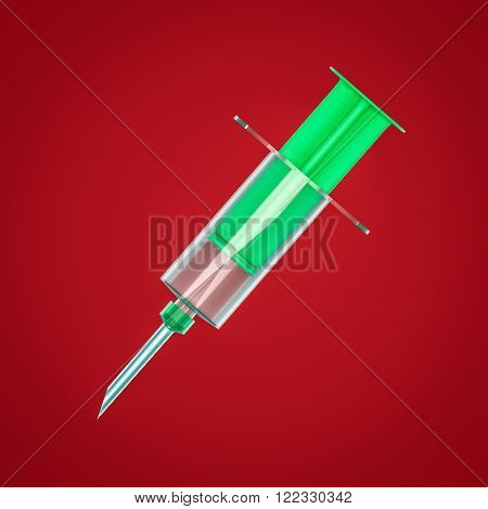 a green syringe on the red background