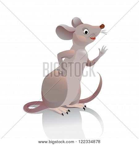 Mouse waves her hand you. Little gray-brown vole is in profile and greets the viewer. Character mouse on a white background. Illustration for a children's site or game cards.