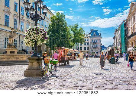Lviv, Ukraine - August 3, 2015: The corner of Rynok Square and view of City Hall