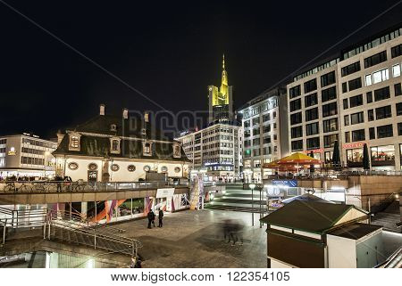 Illuminated Buildings And Skyline At Night During Luminale  In Frankfurt