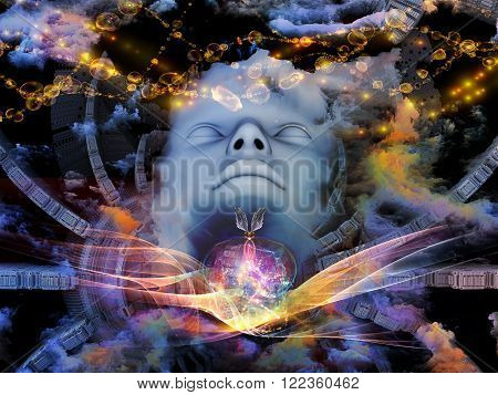 Beyond Human series. Arrangement of human fractal and natural forms on the subject of inner reality mental health imagination thinking and dreaming