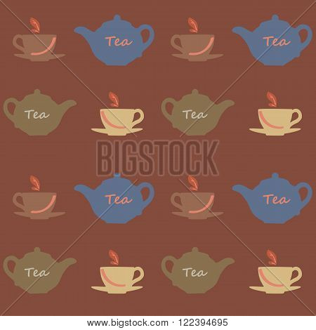 Seamless vector pattern with tea pots and tea cups on a brown background. Vector illustration. Set