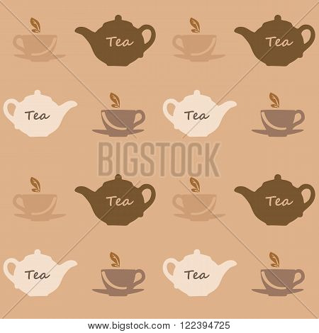 Seamless vector pattern with tea pots and tea cups on a brown background. Vector illustration. Set
