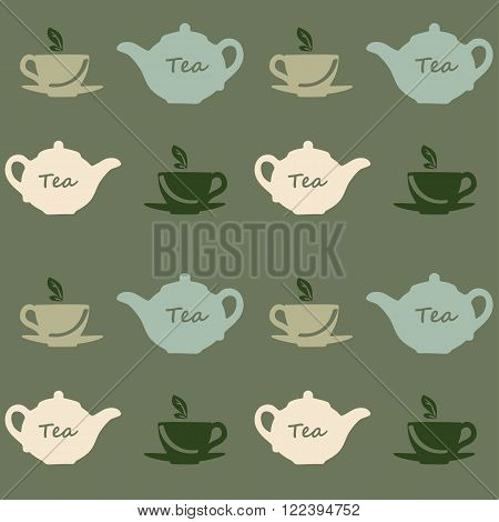 Seamless vector pattern with tea pots and tea cups on a green background. Vector illustration. Set