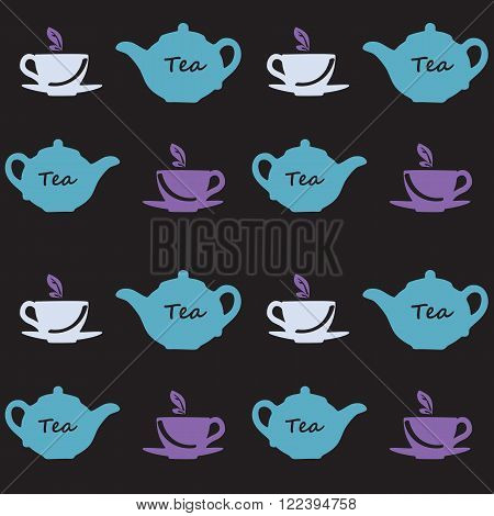 Seamless vector pattern with tea pots and tea cups on a black background. Vector illustration. Set