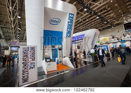 HANNOVER GERMANY - MARCH 14 2016: Booth of Intel Corporation at CeBIT information technology trade show in Hannover Germany on March 14 2016.