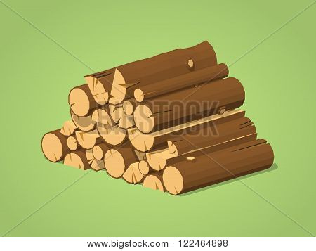 Firewood stacked in piles against the green background. 3D lowpoly isometric vector illustration