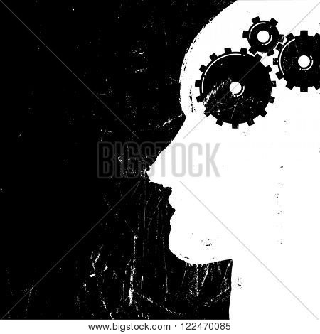Gear in head piktogramm. Solution or imagination or engineering concept. Grunge styled. . Raster version
