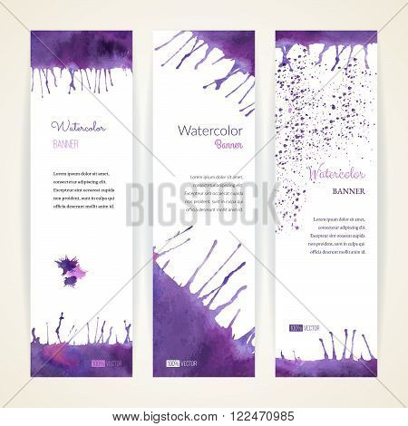 Set of hand painted watercolor vertical banners. Colorful abstract, blue and violet brush stocks and splashes on a white backgrounds. Modern style graphic design template. Marketing concept.